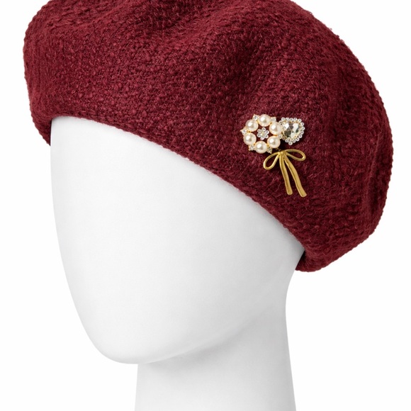 Accessories - Elegant Burgundy Beret with Pearl Brooch